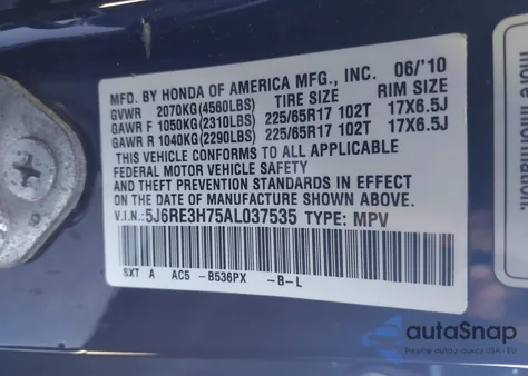 2010 Honda Cr-V Ex-L z USA, uszkodzony, nr VIN 5J6RE3H75AL037535
